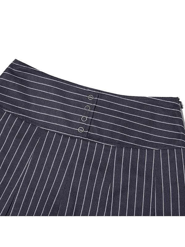 Kirsh Striped Button Point Pleated Skirt [Navy]