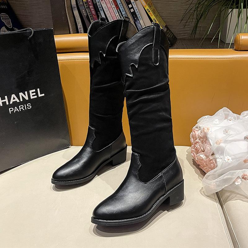 

Осень и зима новые популярные западные ковбойские сапоги женские сапоги-чулки до колена ретро черные тонкий толстый каблук тонкие сапоги 43 чёрный