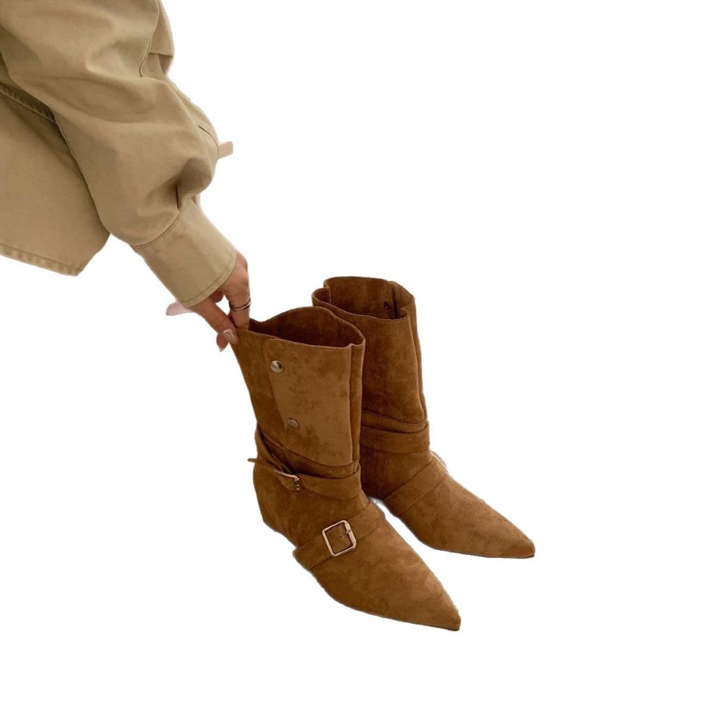 Retro Suede Belt Buckle Short Boots Women's Autumn and Winter Thin Temperament Versatile Western Boots Black Fashion