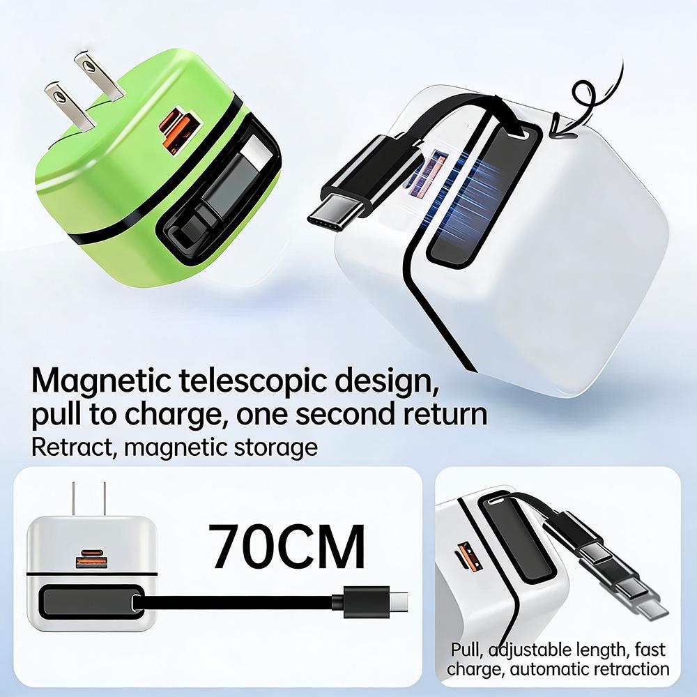 65W PD Fast Charger with Retractable Cable & Foldable Plug for Super Fast Mobile Charging