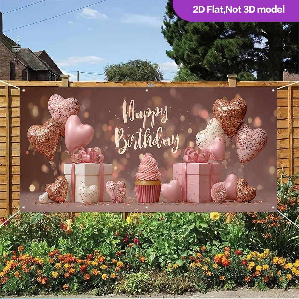 Lovely Birthday Gifts Balloons Banner, Polyester Backyard Party Backdrop