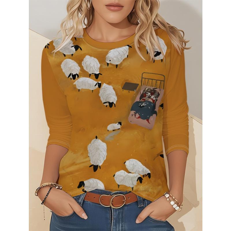 Artistic Landscape Painting Pattern, Slim Fit, Casual Round Neck, Long Sleeves, Everyday Creative Oil Painting Design Pattern.
