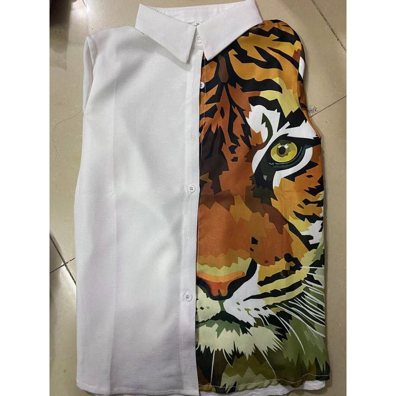 

European Station Fashion Tiger Head Shirt Long-Sleeved Top White 2XL