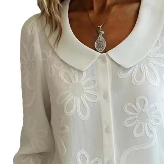 Women Shirt Loose Fit Doll Collar Long Sleeve Buttons Placket Shirt Tops Embroidery Flower Jacquard Pattern Loose Fit Shirt