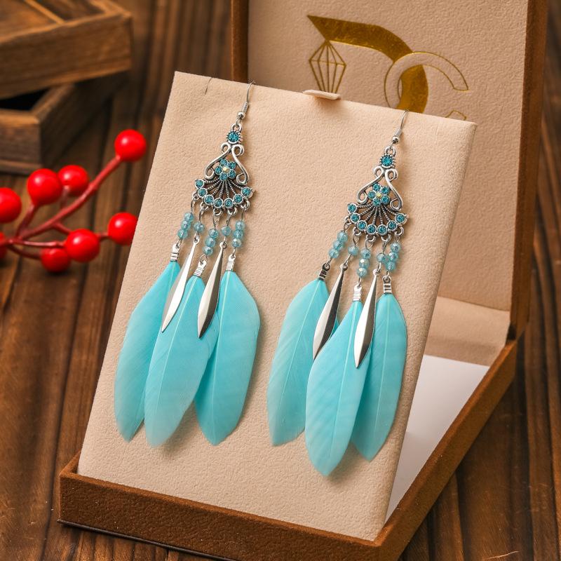 Vintage Ethnic Bohemian Crystal Beads Handmade Feather Tassel Women Earrings Long Drop Dangle Boho Jewelry Pendientes Mujer