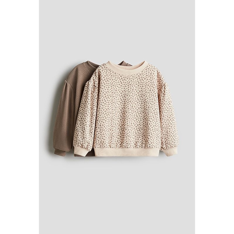 

HM Children s Clothing Girl Sweatshirt 2 Pieces 2025 Summer New Arrival Pullover round Neck Bubble Long Sleeve Tops 1246616 Dark Brown/Leopard print 110/56(2-4Y)