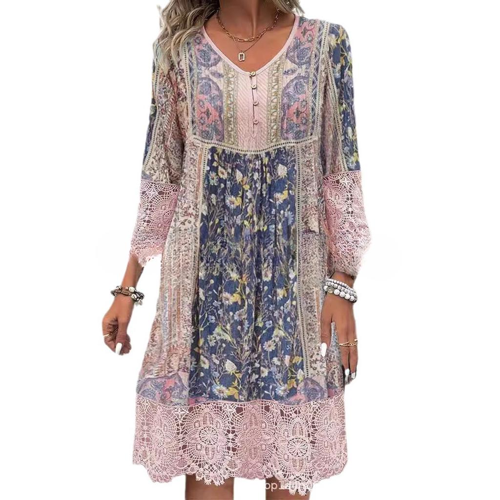 Women's Summer Retro Printed Lace Dress