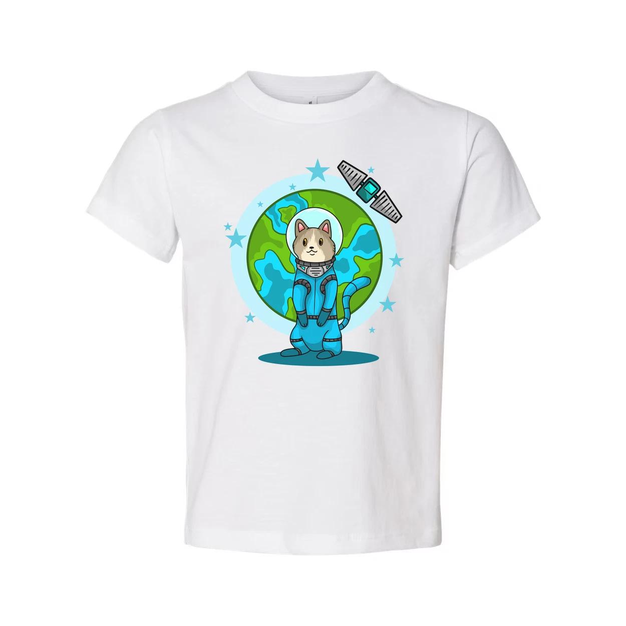 

Space Animals Cat In Spacesuit T Shirt With Earth Backdrop And Satellite Graphic L