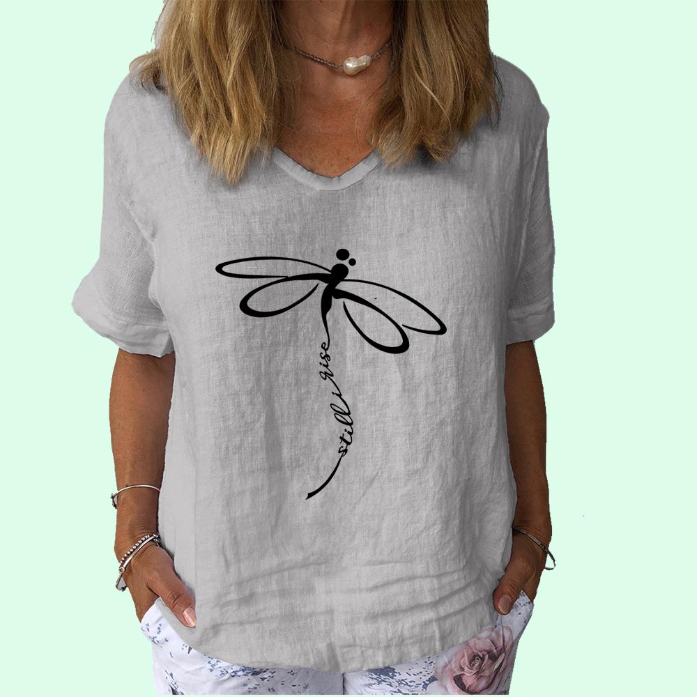 

Женская мода хлопок льняная блузка повседневная V-образный вырез короткий рукав топ женская принт футболка L