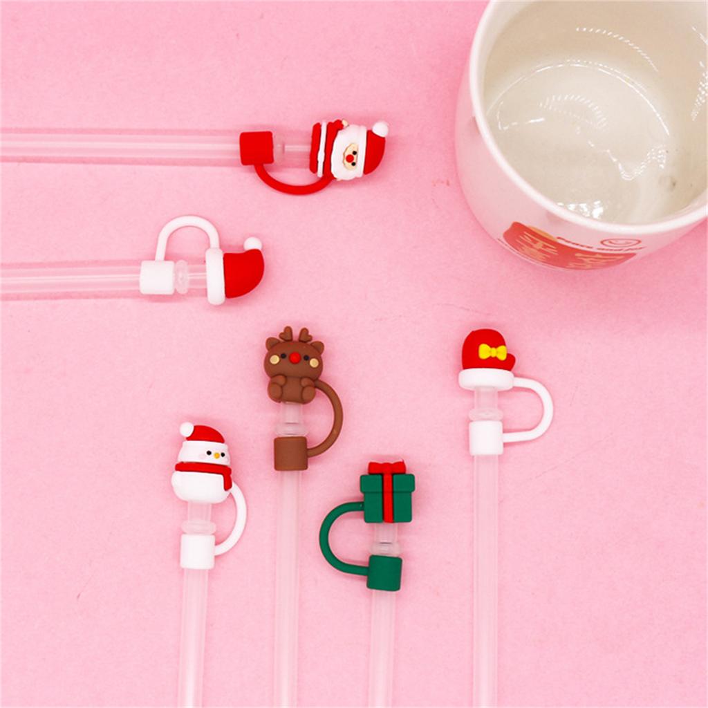 Silicone Straw Cap Christmas Santa Straw Plug Tips Cover Reusable Straw Toppers Dustproof Drinking Lids for Tumblers