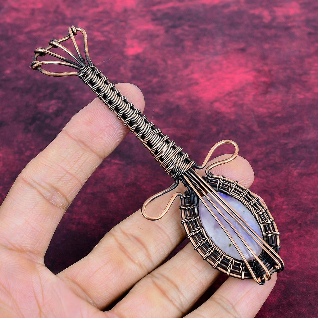 Rainbow Moonstone Pendant Copper Wire Wrapped Gemstone Jewelry Guitar Pendant