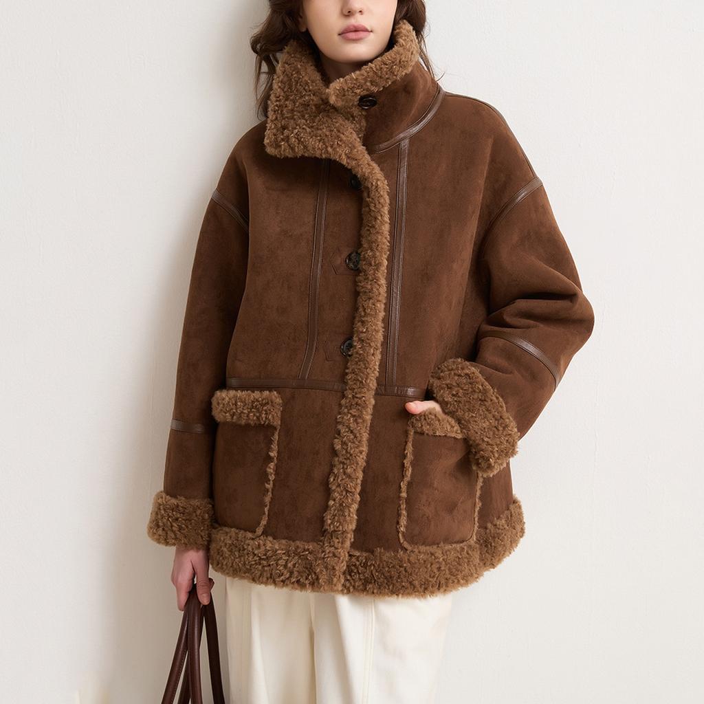 Women's Faux Suede Button Jacket Oversized Gathered Hem Short Length Coat Casual Vintage Outerwear With Pockets