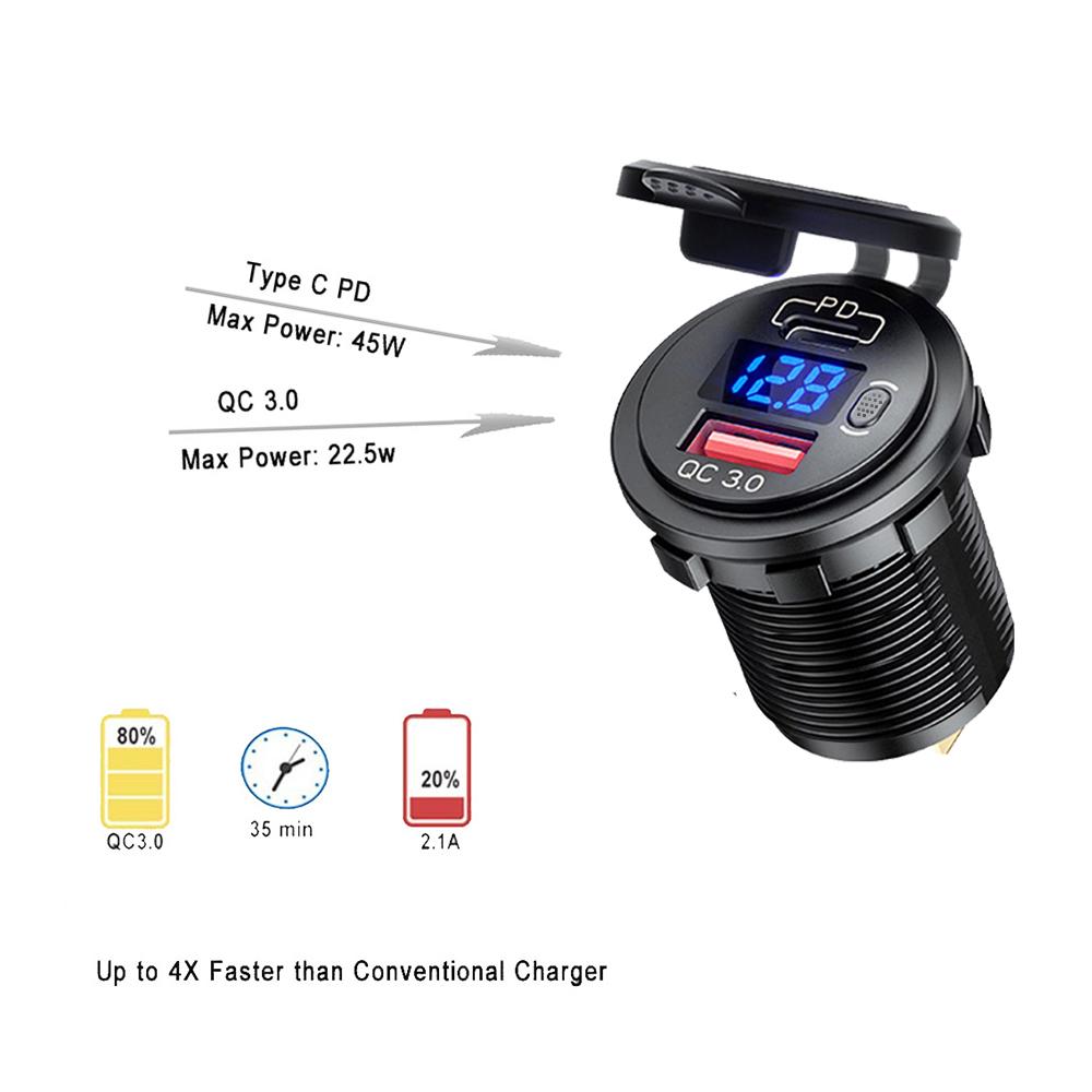 12V/24V Car Charger Socket with ON/Off Switch Voltage Display  45W PD USB QC 3.0 Fast Charger for Car Truck Boat RV Motorcycle