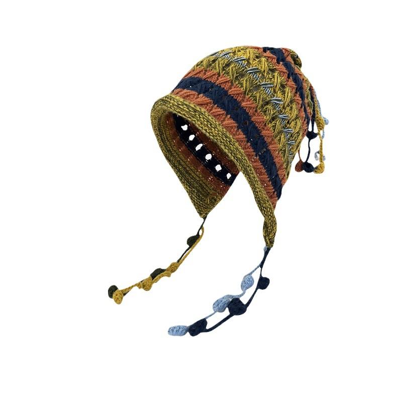 Korean Fashion Designer's Handmade Crochet Colored Ball Wool Hat For Children's Autumn And Winter Lace Up Tassel Pullover Hat