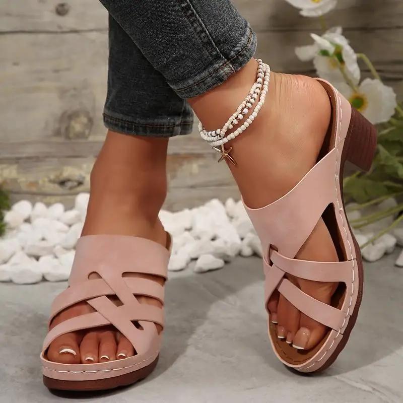 Fashion Classic Pink Comfortable Daily Shoes Elegant Round Toe Cross Tie Straps Slippers Women 2025 Summer High Heels Shoes Women