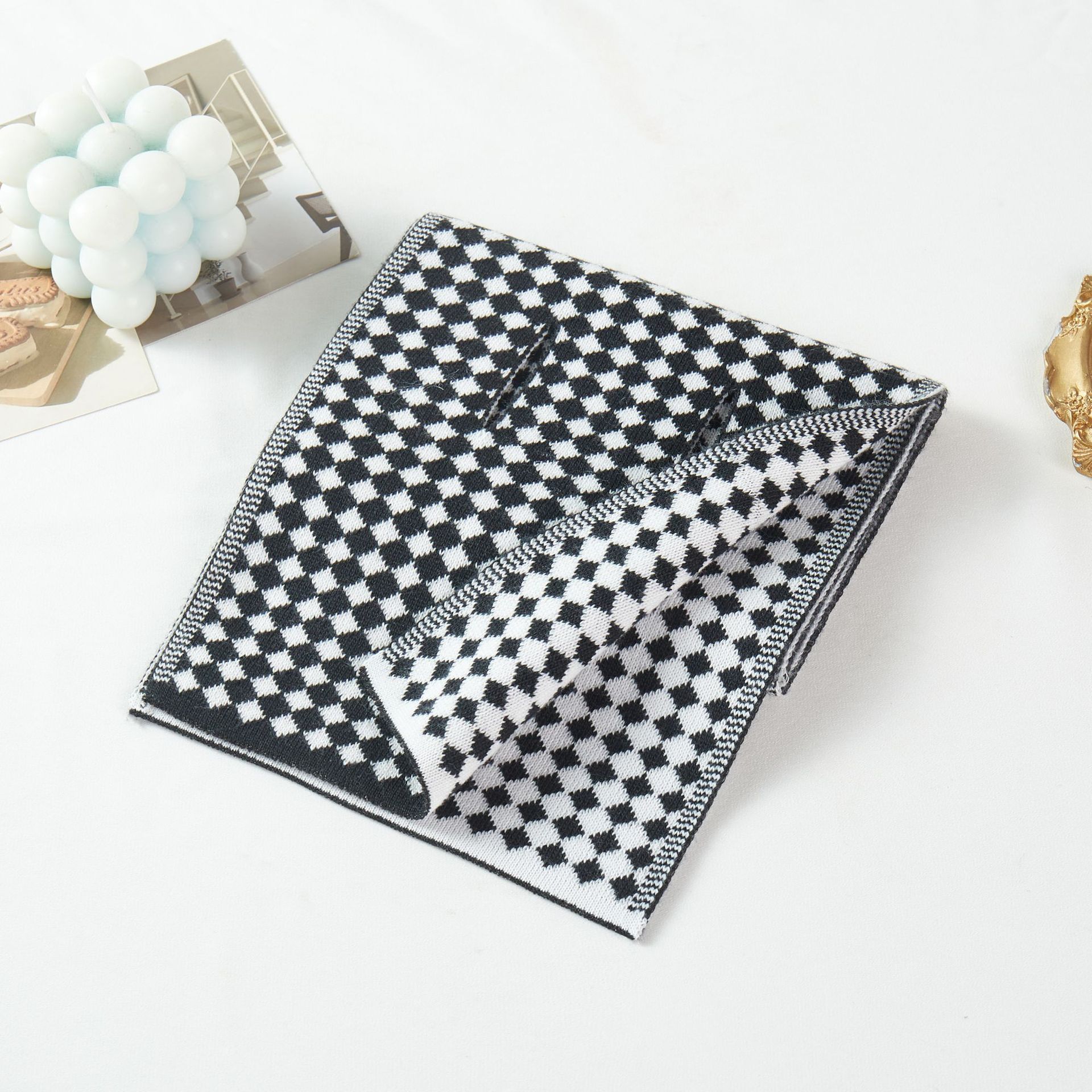 

Autumn Winter Neck Scarf Solid Houndstooth Wrap Casual Warm Knit Cross Scarf Short Neck Warmer Men