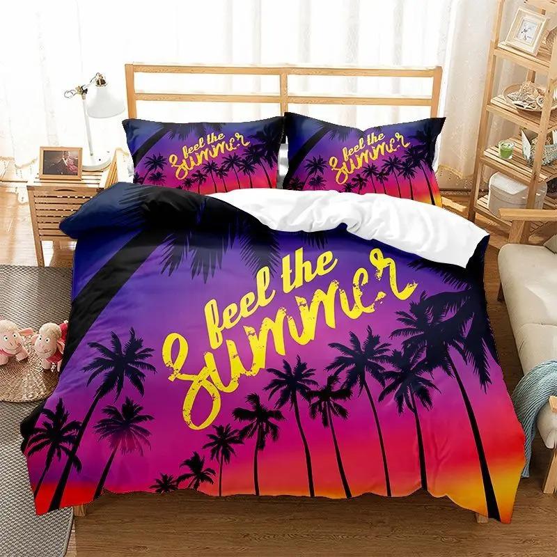 

Beach Duvet Cover Twin King Size Microfiber Coconut Palm Trees Bedding Set Sunset Tropical Sandy Beach Landscape Comforter Cover AU Single(140x210cm)