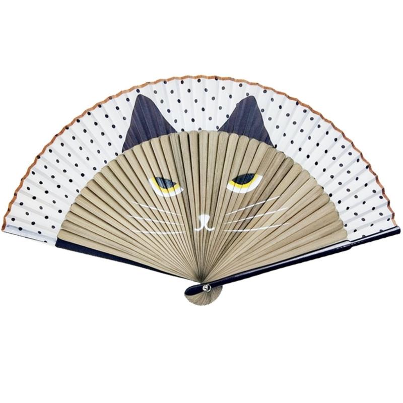 Cartoon Cat Hand Fan Chinese Japanese Folding Fan Silk Handheld Fan for Wedding Dancing Party Church Gifts Decoration