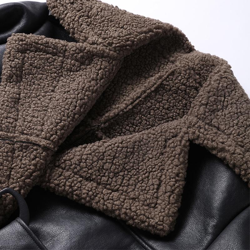 Women's Warm Thick Lapel Leather Jacket Winter Lamb Wool Long Sleeve Pocket Overcoat Single-breasted Street Trench Coats with Belt