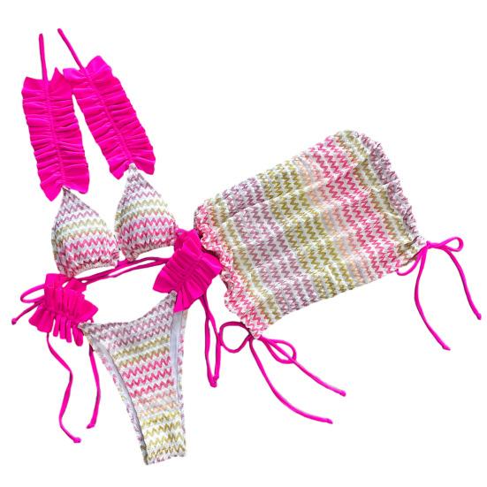 3 Pcs/Set Women Bikini Set Color Matching Lace-up Halter Neck Shirring Pleated