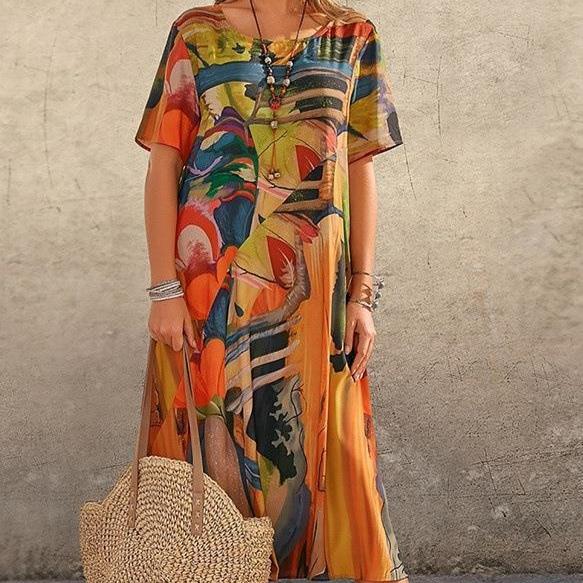 2026 New Fashion Casual Large Size Printed Dress Women Summer Short Sleeve Tie Waist Round Neck Loose Beach Long Dresses