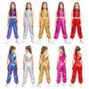 Kids Jazz Dance Performance Set Mock Neck Sleeveless Crop Top Sequins Metallic Patchwork Ruffles Back Zip and Shiny Pants for Stage Costume