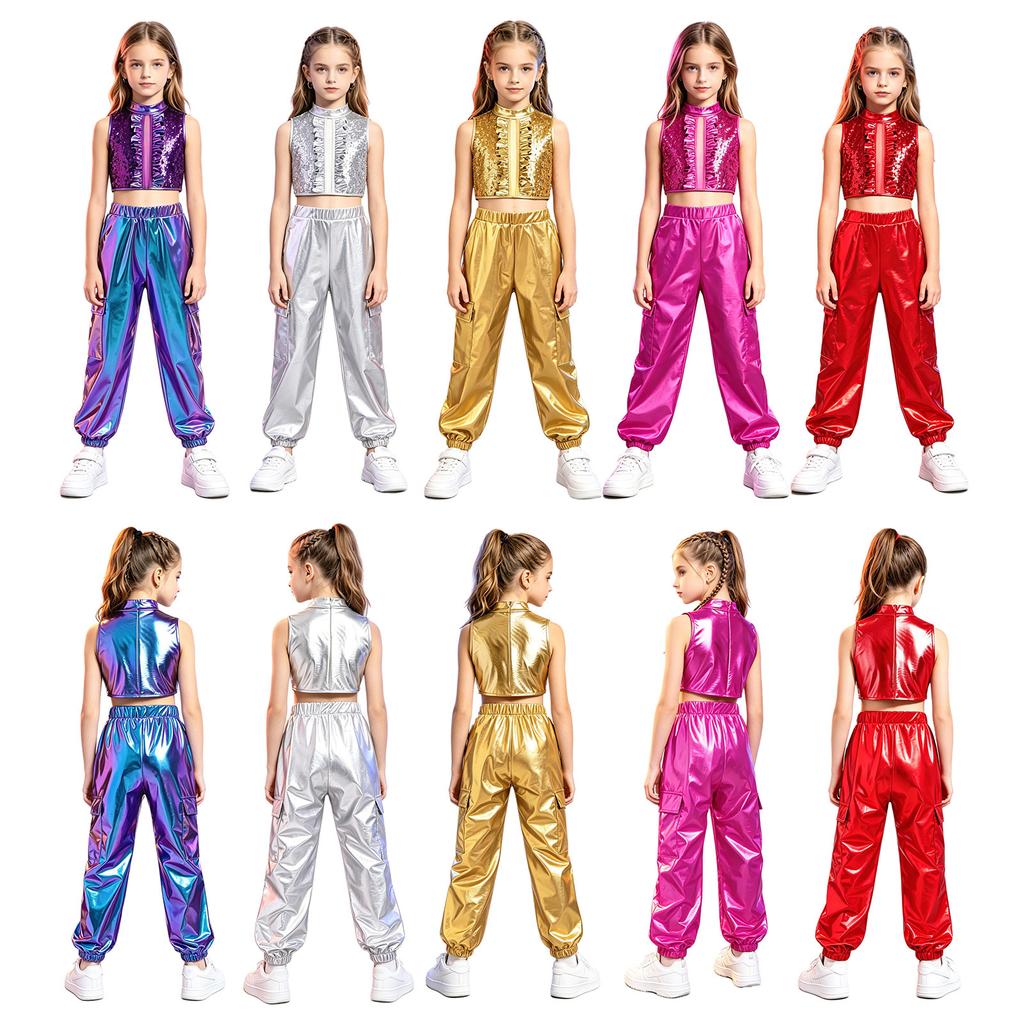 Girls Sequin Metallic Patchwork Crop Top Mock Neck Sleeveless Back Invisible Zipper Ruffles and Shiny Pants for Jazz Dance Competition Stage
