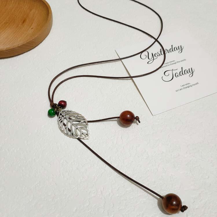 Retro Leather Rope Necklace with Wooden Alloy Pendant for Cotton and Linen Sweaters