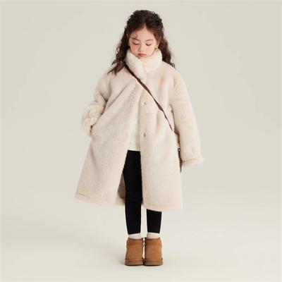 Pigejakke i imiteret pels Vinter Lang Ensfarvet Tyk Varm Berberfleece Trenchcoat Til 5-12 År Børnemode Vinterdragt