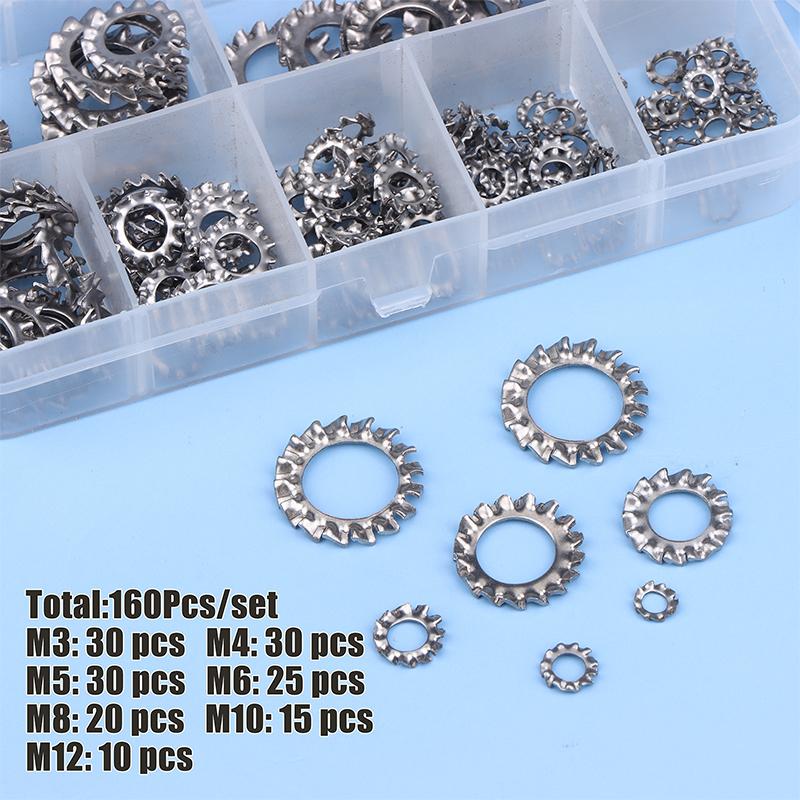 160 szt./pudełko Stal nierdzewna Zewnętrzne Wieloząbkowe Podkładki Blokujące Gwiazdkowe Zestaw Asortymentowy 7 Rozmiarów M3 M4 M5 M6 M8 M10 M12