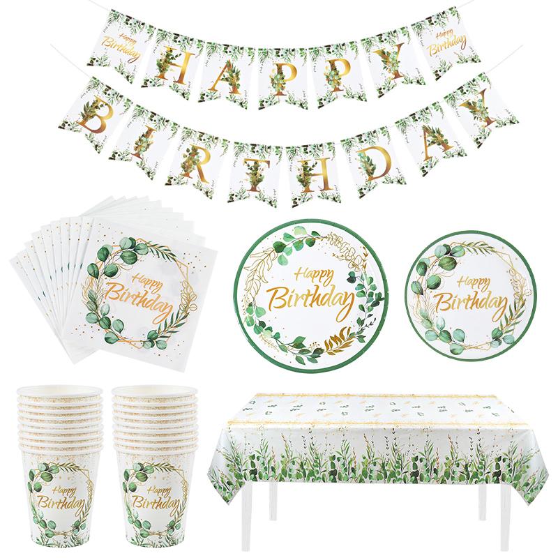 Green Eucalyptus Leaf Disposable Tableware Paper Plate Cup Napkin Banner Kids Adult Happy Birthday Birthday Party Decor Supplies