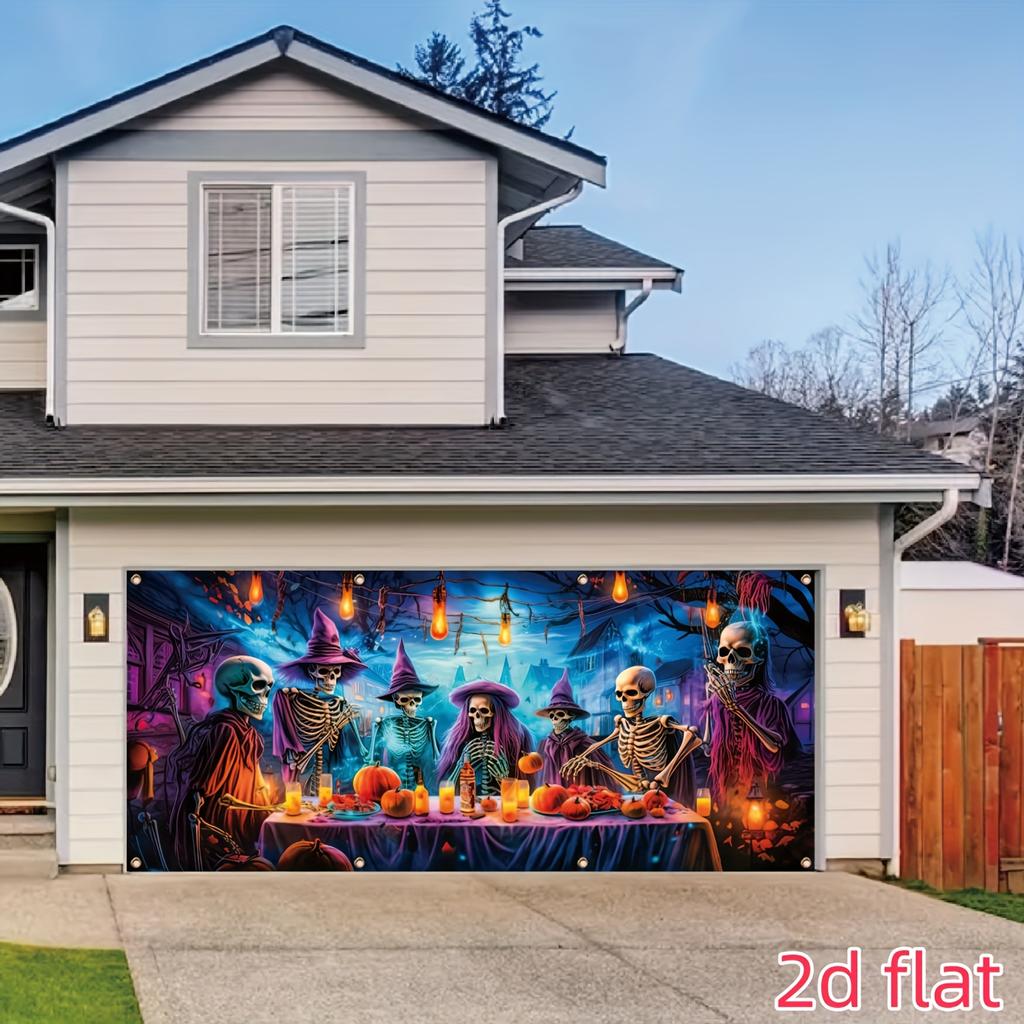 2D Halloween 1 Piece Halloween Celebration Garage Banner: 6 Skeletons At the Banquet Outdoor Decoration Party Supplies