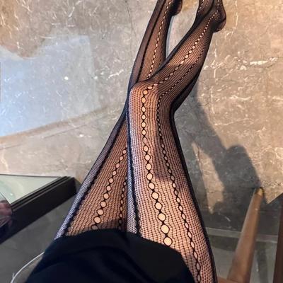 Women'S Chain Hollowed-Out Tights Black Sexy See Through Jacquard American Retro Style Mesh Breathable Lace Fishnet Pantyhose