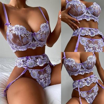 Women's Sexy Flower Embroidery  Lace Hollow See-through Underwear Three-piece Suit