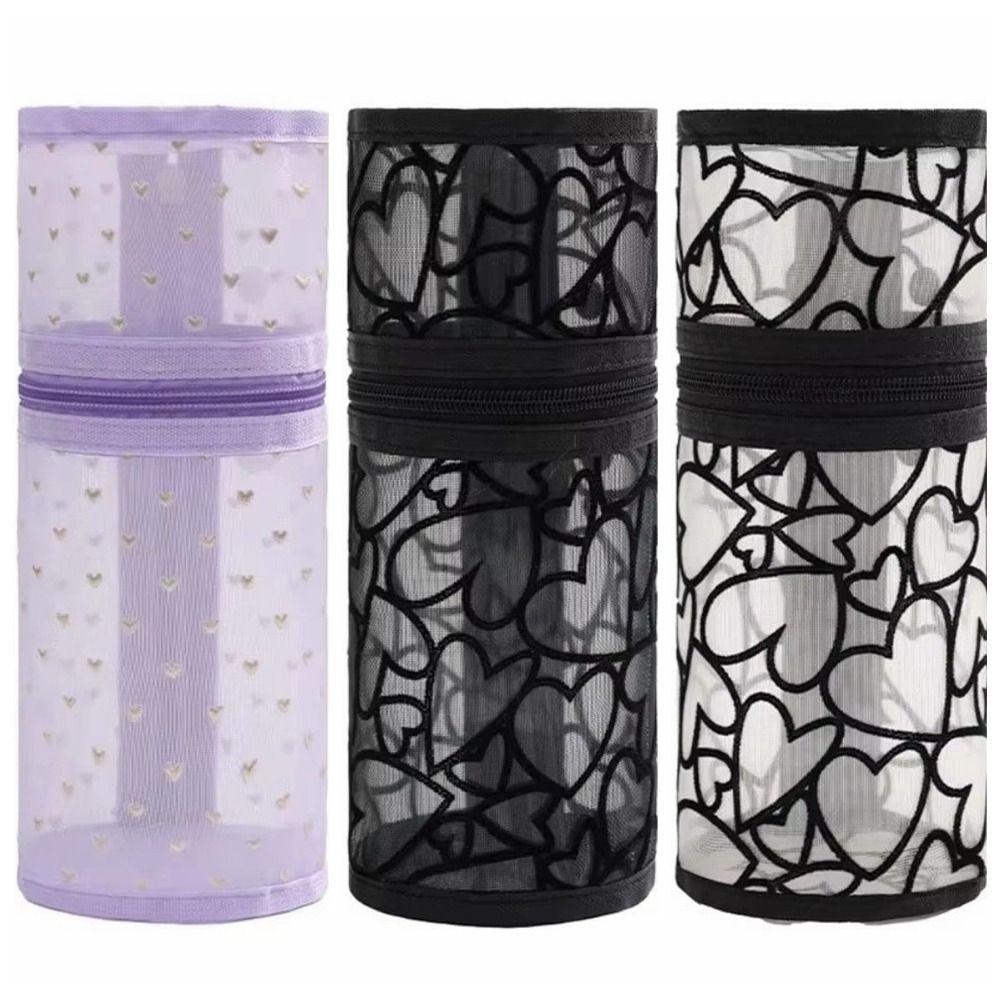 Mesh Mesh Pencil Case Love Heart Mesh Makeup Pouch Pencil Case Mesh Storage Bag  Girls Boys