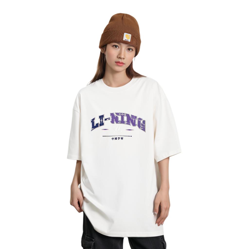 Li Ning T Shirts Unisex Ecru Crew Neck Moderate AHSU235-1