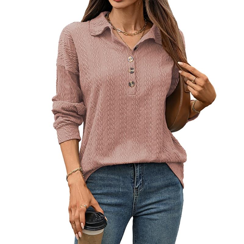 Women's Solid-Color Collared Long-Sleeve Top Button Neck Pullover