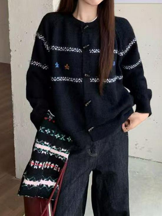 Korean Style Soft Knit Cardigan for Women - Fluffy Horn Button, Retro Embroidery, Lazy Style Sweater for Autumn/Winter