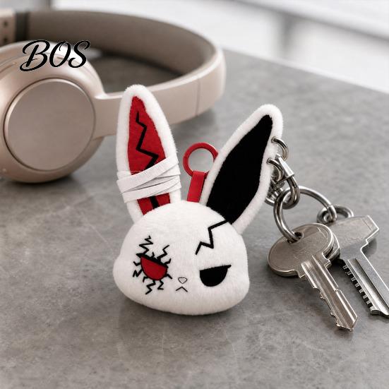 Stress Relief Plush Doll with Metal Hanging Loop, Dark Style Rabbit Pendant Bandage Stitched Keychain Toy, Funny Expression Doll, Collectible Toy Loop