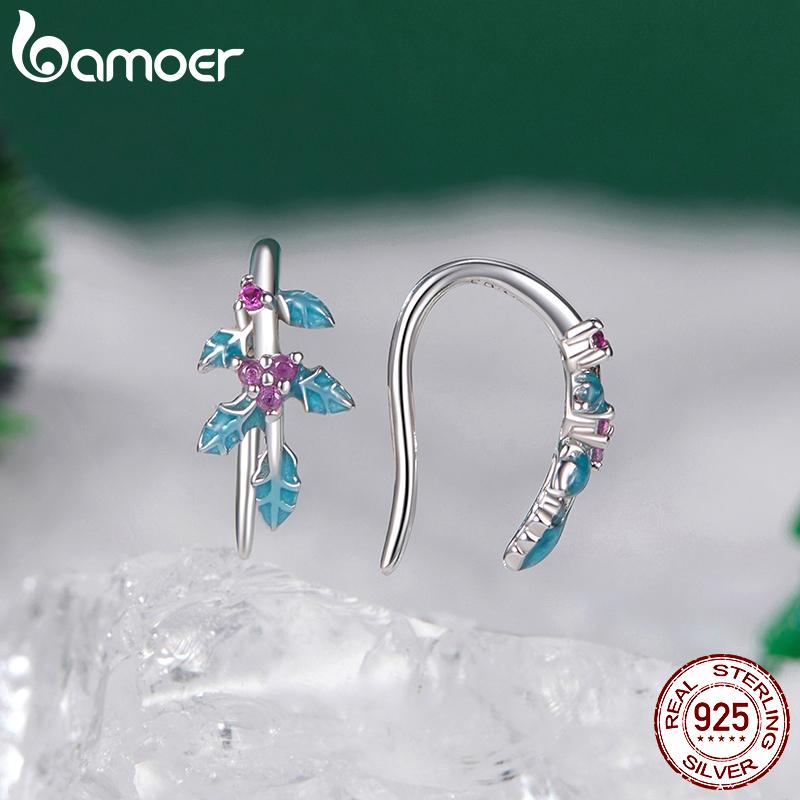 BAMOER 925 Sterling Silver Xmas Jewelry Gift Holly Open Ring Colorful Flower Leaf Stud Earrings Special New Year Holiday Gift