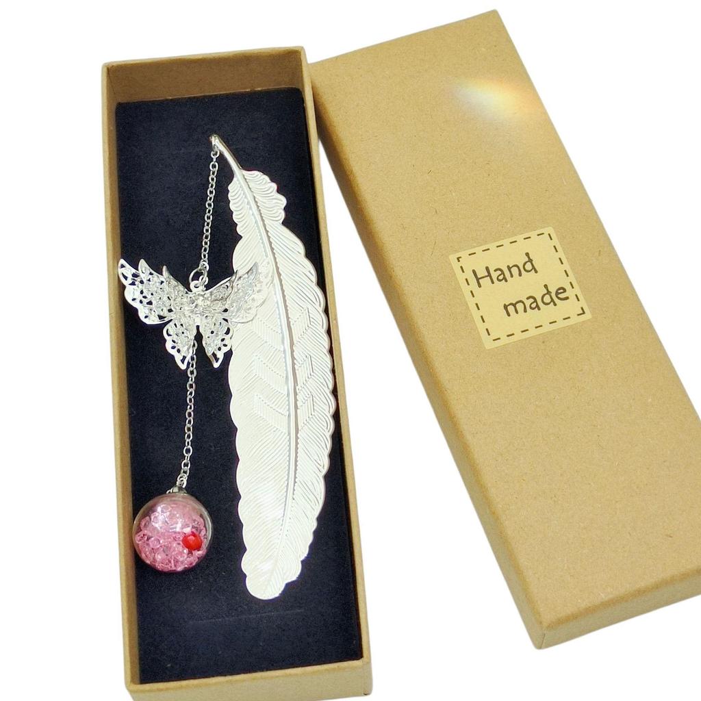 Chinese Style Dried Flower Bookmark with Feather, Metal Butterfly & Tassel - Ideal Teacher's Day Gift