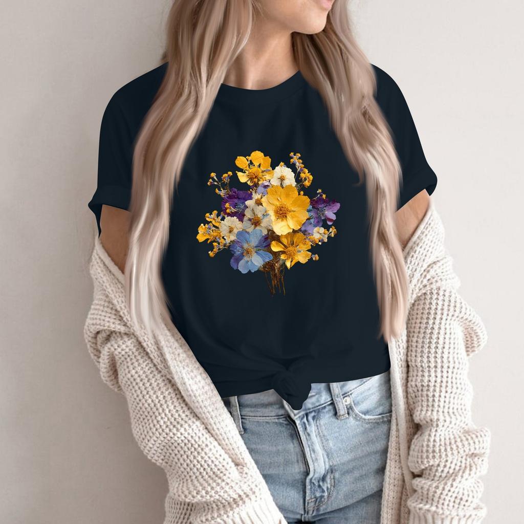 Women's Fashion Casual Printed Round Neck Short Sleeved Pullover T-Shirt Top