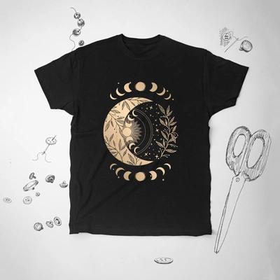 Celestial Moon Phases T Shirt Boho Stars Leaves Aesthetic Vintage Slightly Versatile Graphic Designer Clothes Casual