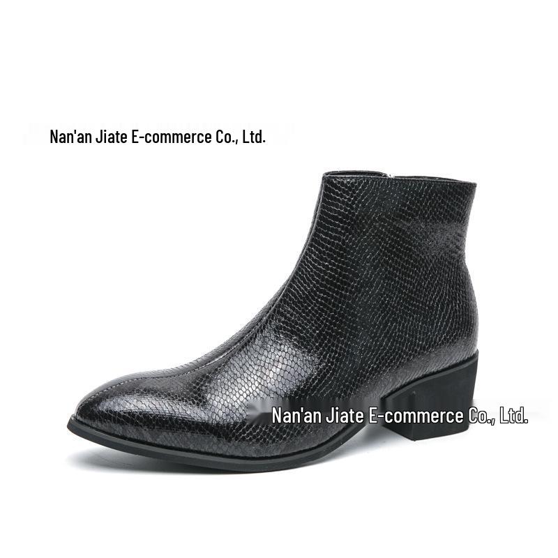 European & American Plus Size Snake Print High-Top Leather Boots - Men's Formal Pointed Toe Style.