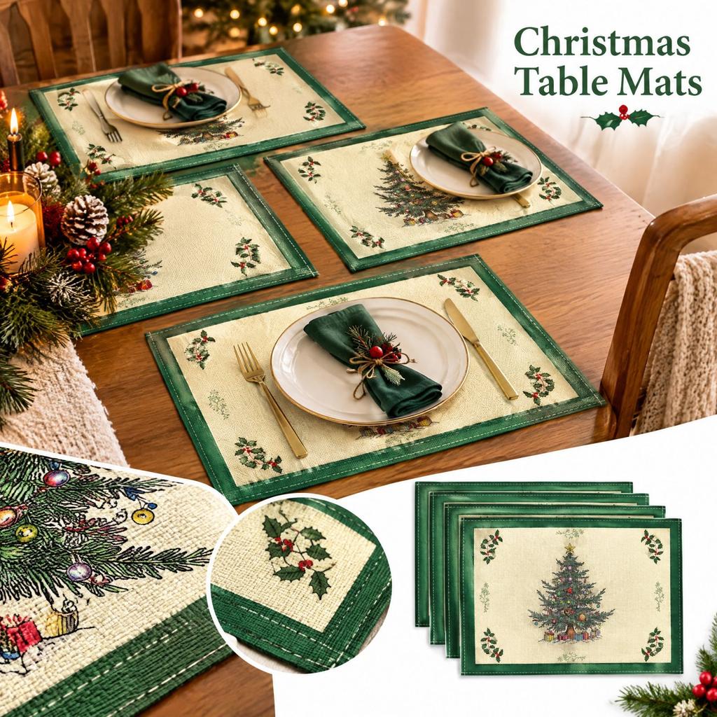 Christmas Placemat Set of 4, Christmas Tree Heat- Table Mats for Holiday Home Decor