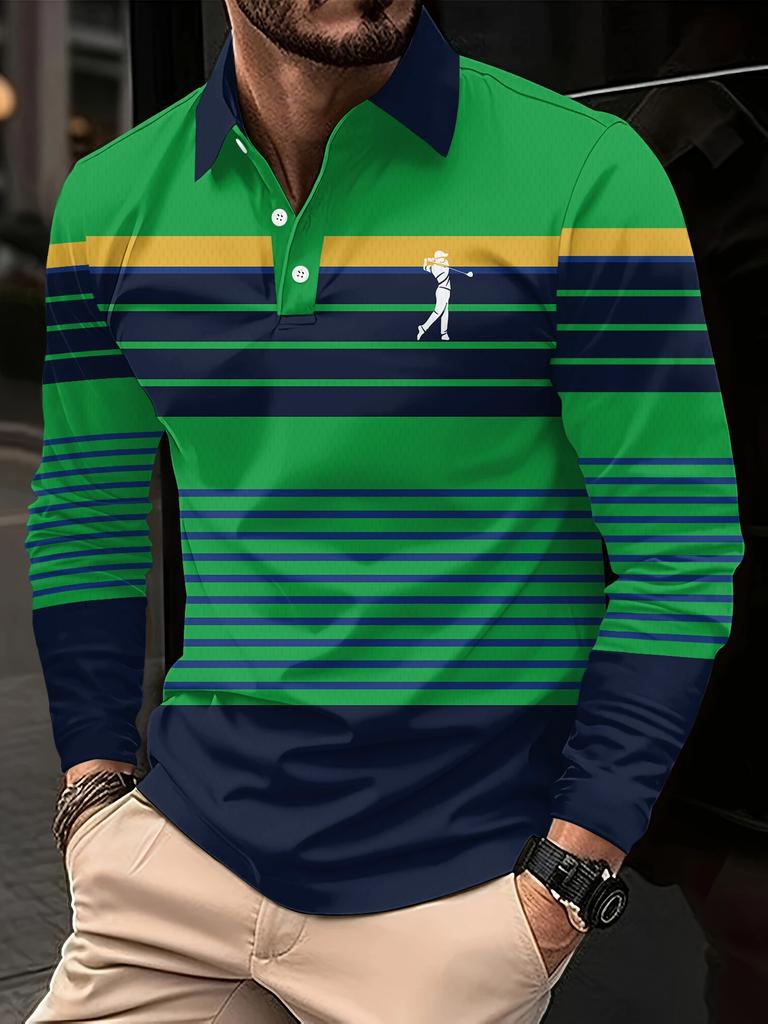 Men's Long-sleeved Striped Polo Shirt, Men's High Tie Button, Double-sided German Velvet Shirt for Winter