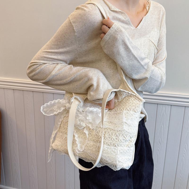 Korean Sweet Lace Hollow Knitted Shoulder Bag Large-Capacity Holiday Casual Tote Bag