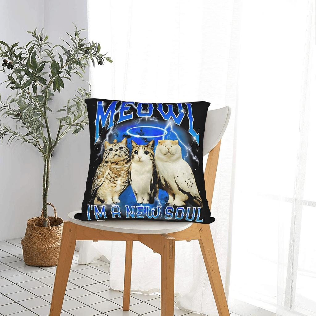 Pillow Case Meowl I’M A New Soul Funny Cat Owl Meme Square Pillow Cover For Office Car Home Decor Vintage Pillowcases