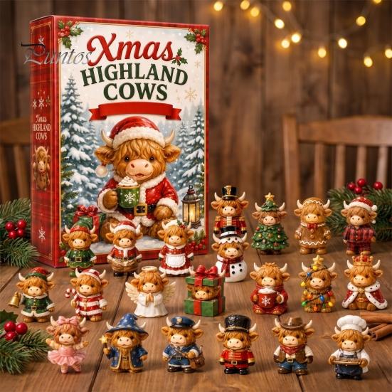 Countdown to Christmas 24 Days 3D Highland Cow Advent Calendar 2026, Festive Gift Box with Cute Farm Cattle Mini Figurines for Holiday Desk Ornaments