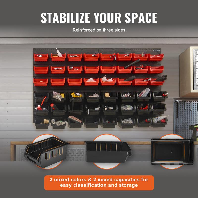 SucceBuy 48pcs Parts Storage Bins Wall Mounted Garage Containers with Wall Panels Tool Organizer for Nuts Bolts Screws Nails